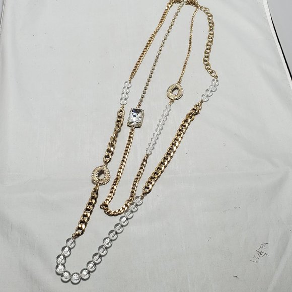 Bijou 36 inch 2 row clear beads with gold link chain necklace - Picture 8 of 14